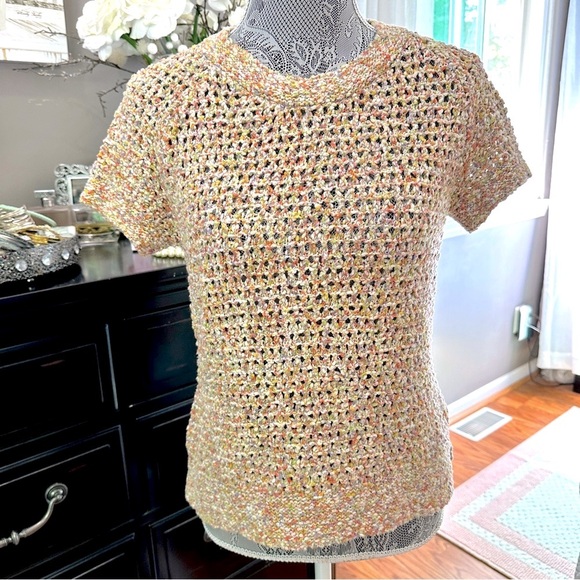 Cabi Multicolor Bouclé Knit Short Sleeve Summer Sweater Size M - Picture 2 of 14